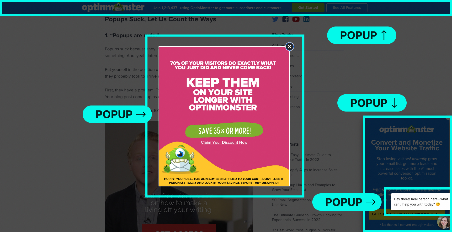 Website example showing misuse of popups overwhelming users
