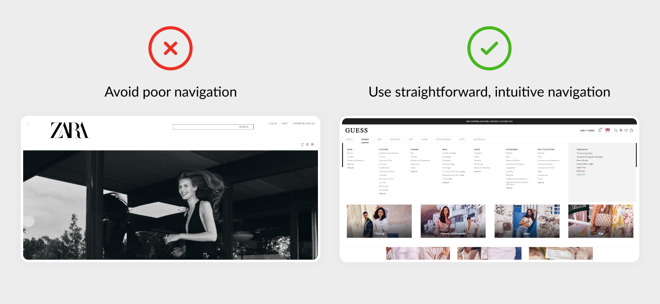 Website example showing confusing navigation menu vs clean navigation
