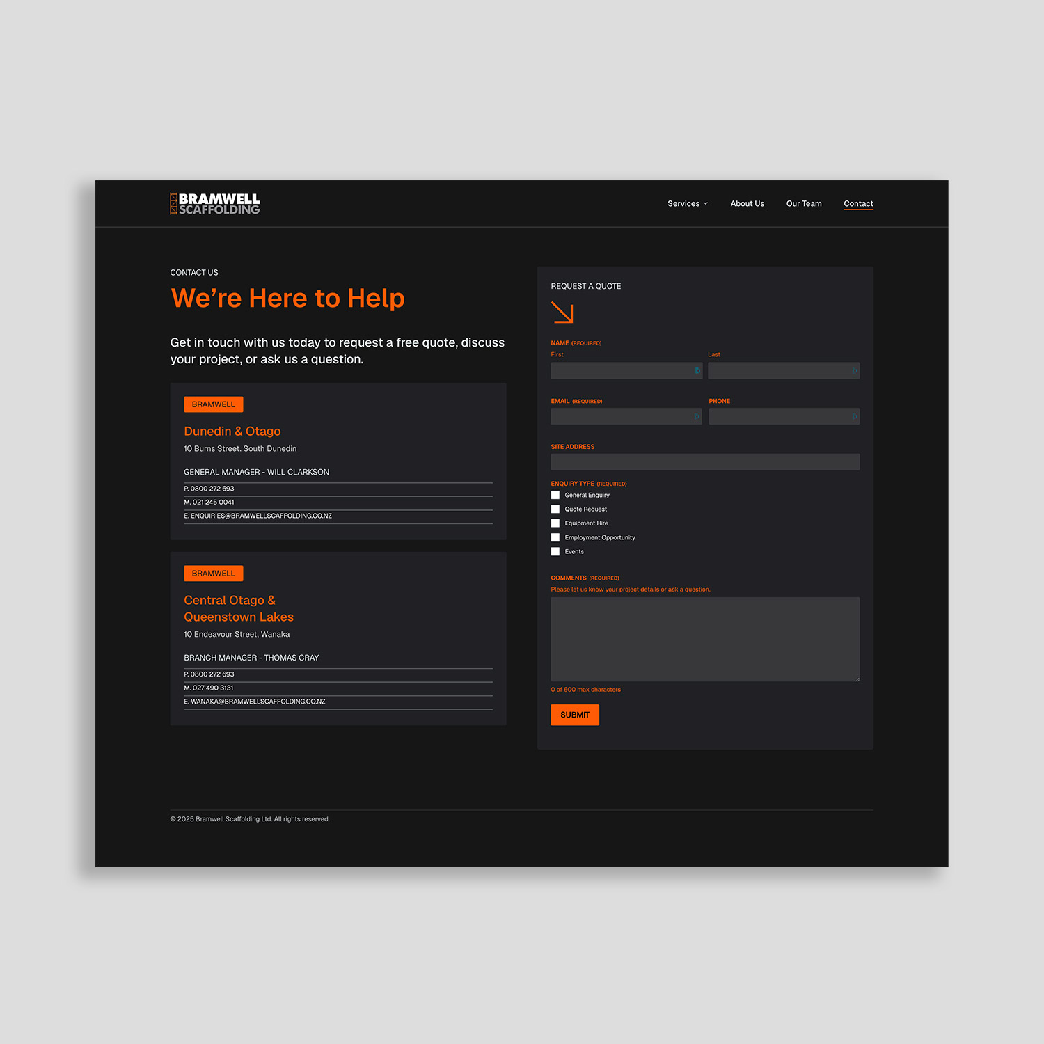 Request a quote contact page design on Bramwell website