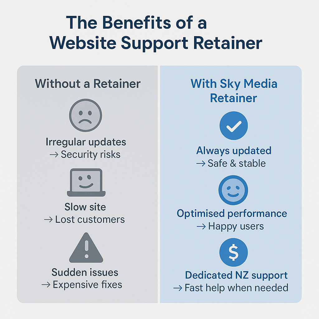 Comparison infographic showing benefits of Sky Media’s WordPress support retainers versus no support.