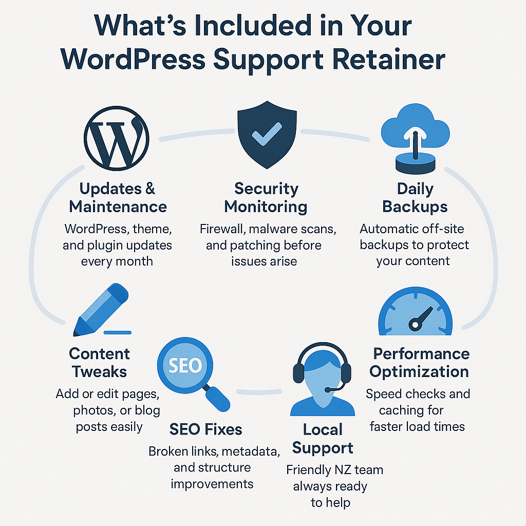 Infographic showing key inclusions in Sky Media’s WordPress support retainer plan