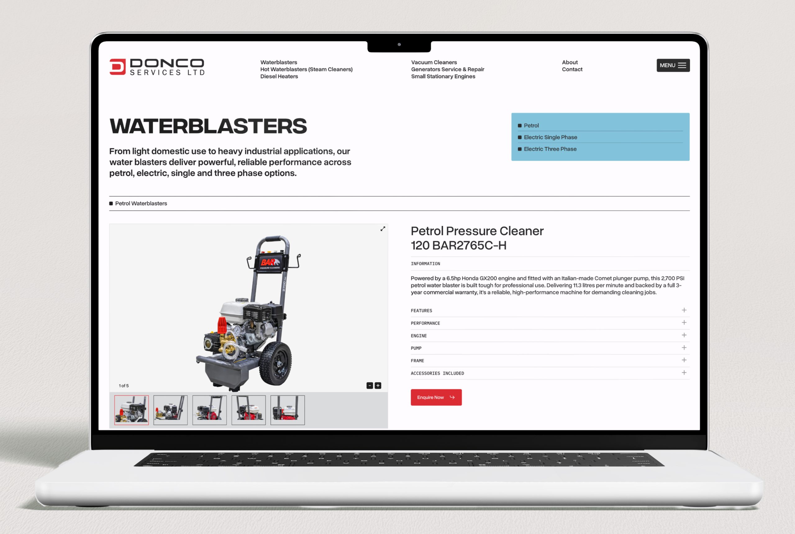 Donco Services WordPress website built by Sky Media, showing categorised industrial equipment catalogue with detailed product descriptions and specifications.